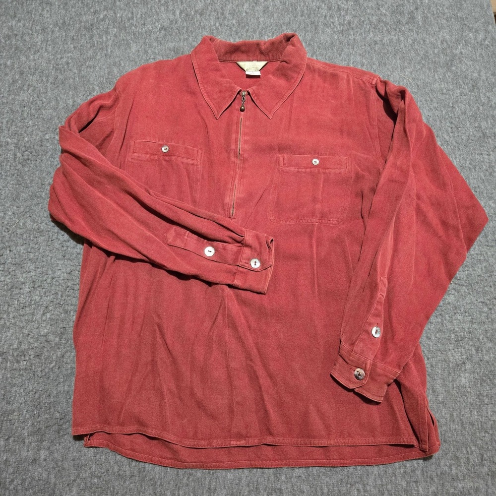 The Territory Ahead Vintage Shirt Mens Large Red 100% Silk Quarter Zip Pullover